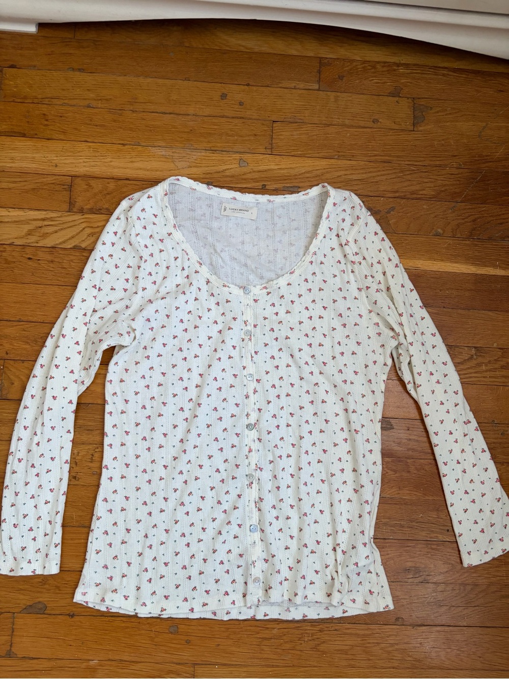 Lucky Brand White Button-Front Top with Pink Floral Print